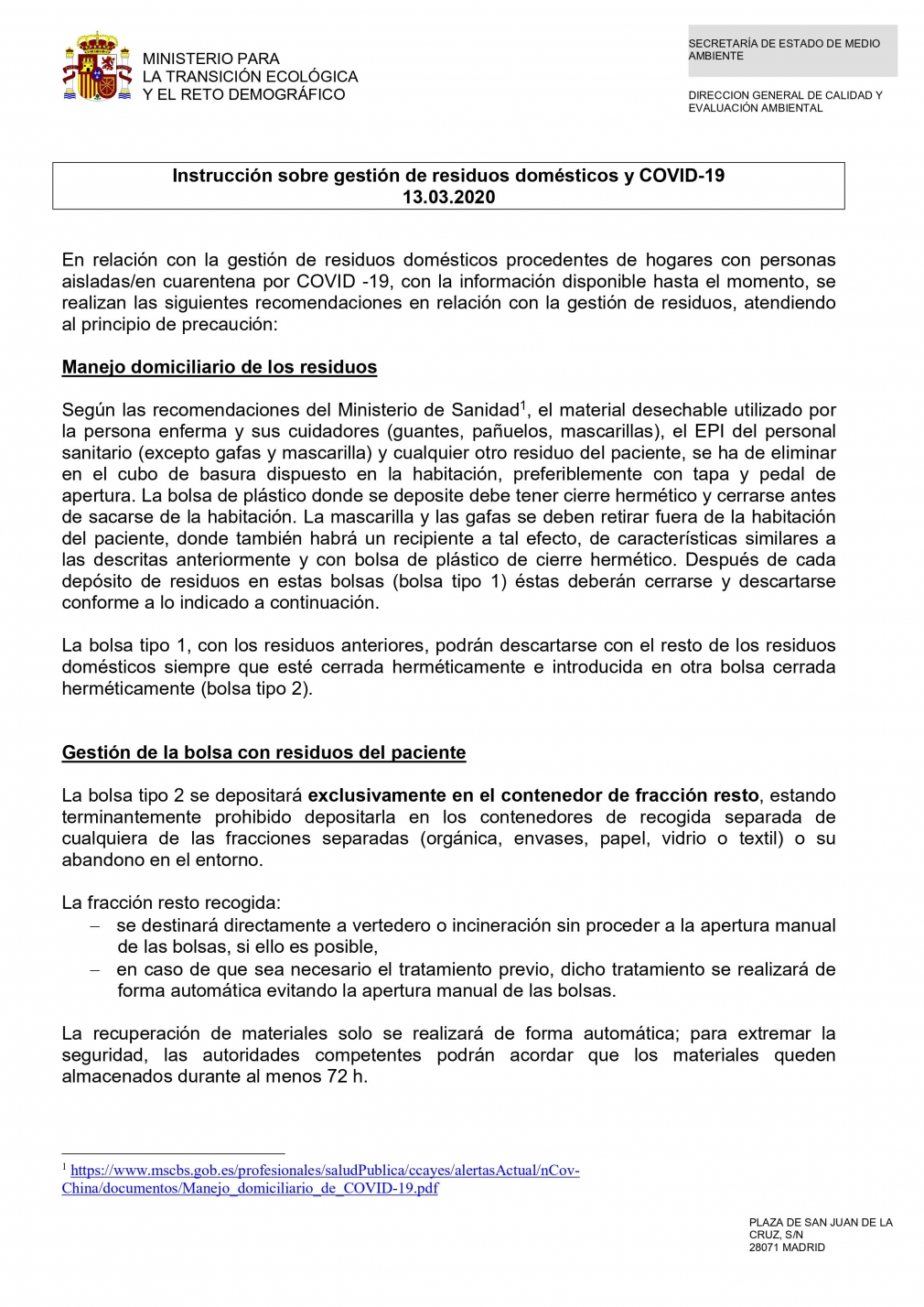 INSTRUCCIONES SOBRE GESTIÓN DE RESIDUOS DOMÉSTICOS COVID-19
